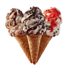 Three waffle cones filled with swirled ice cream, various toppings, black background