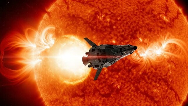 Voyage into the Sun: A spacecraft embarks on a daring voyage towards the sun, a bold illustration of human exploration, science, and the cosmos, rendered in vibrant detail.