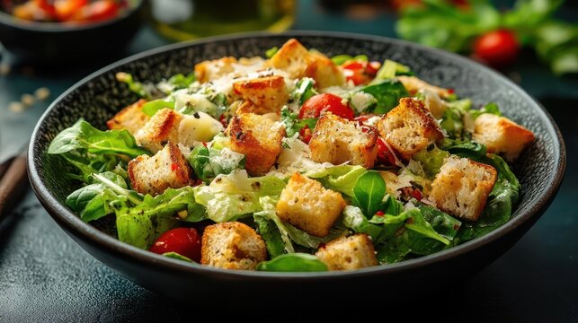 A delicious-looking salad made with fresh greens and bread