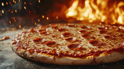 A large pepperoni pizza being cooked in a wood-fired oven.