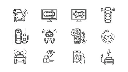 Smart Car Technology Line Icons Set: Autonomous Driving, Vehicle Security, Sensors, AI Control, and Electric Charging Outline Symbols