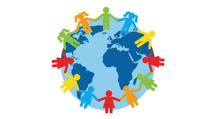 Obraz premium Global harmony symbolized by colorful paper cut-out figures encircling a globe illustration