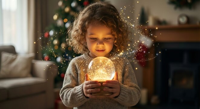 Little Girl Gazing into a Glowing Magical Snow Globe at Christmas