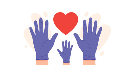 Family or community hands in medical gloves reaching towards a red heart, concept of protection, care, and health support during a crisis or volunteering effort