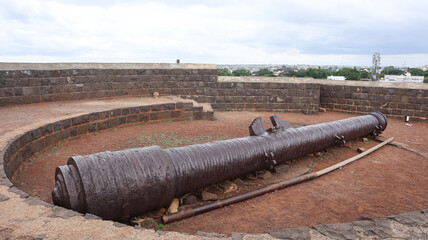 India, Karnataka, Vijayapura, View of Cannon on the Top of the Uppali Burj of Vijayapura. © Raj