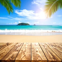 Fototapeta premium Wooden table foreground with beach and ocean on a bright sunny day