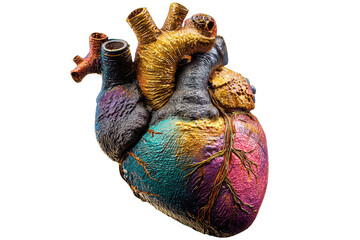 A richly colored, textured anatomical heart sculpture on a black background