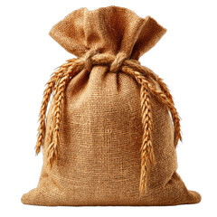 A burlap sack tied with a rope, adorned with wheat stalks