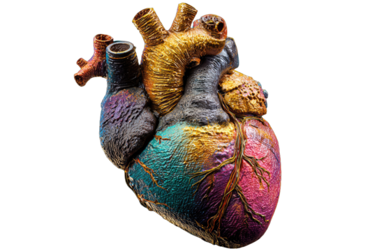 A richly colored, textured anatomical heart sculpture on a black background