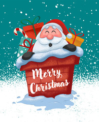 Fototapeta premium Cartoon Santa Claus comes out of the chimney with gifts