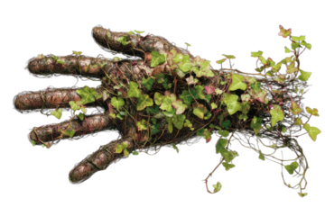 Earthy, textured hand-like form covered with vibrant green ivy vines