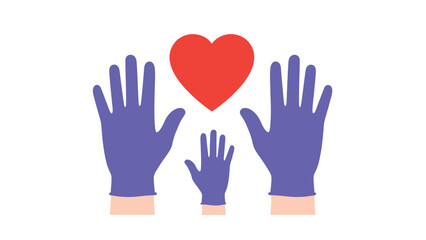 Healthcare Unity and Support Vector Illustration. Hands in Medical Gloves Protecting a Red Heart, symbolizing family care, volunteerism, and medical protection