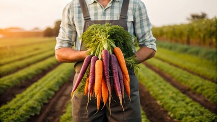 Gardener displaying freshly harvested multicolored carrots outdoors