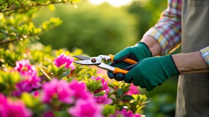 Obraz premium Hands trimming pink flowers in a bright garden outdoors