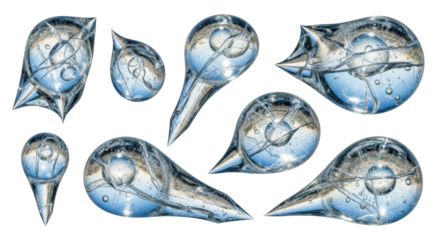Set of various transparent icy shapes with intricate internal fractures and bubbles, showcasing a glossy, reflective surface and a mix of organic and geometric forms