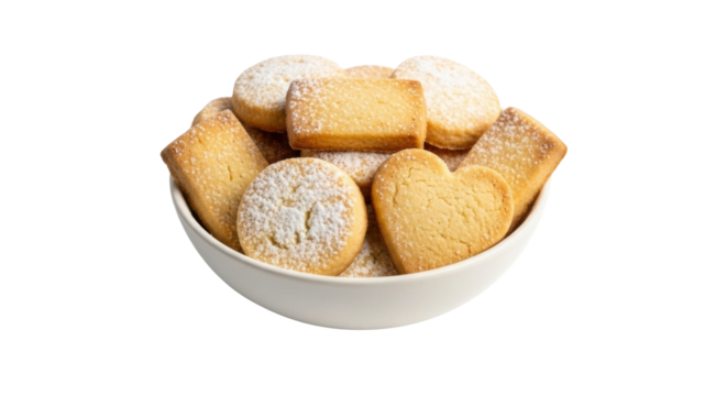 A white ceramic bowl is filled with a delicious assortment of freshly baked shortbread cookies in various shapes, including hearts and circles, dusted with powdered sugar