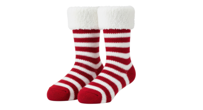 A cozy pair of warm knitted slipper socks with a festive red and white striped pattern and a soft, fluffy white sherpa fleece cuff for winter holiday comfort