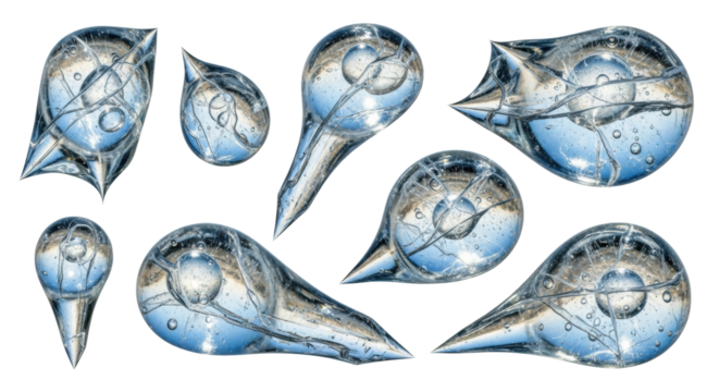 Set of various transparent icy shapes with intricate internal fractures and bubbles, showcasing a glossy, reflective surface and a mix of organic and geometric forms