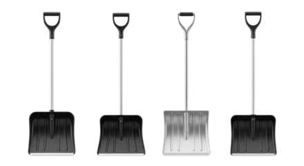 An assortment of four snow shovels, including three black plastic and one silver metal model, standing in an organized row to showcase essential winter cleanup equipment