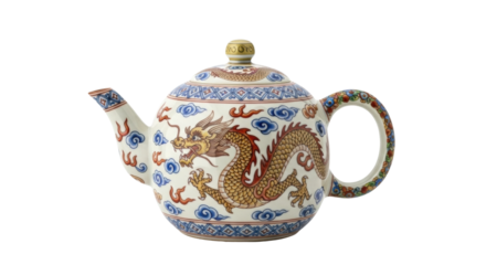 A beautiful ceramic teapot decorated with a mythical golden dragon, blue clouds, and colorful geometric patterns in a traditional East Asian artistic style