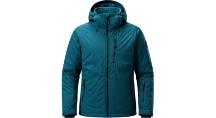 A technical teal hooded winter jacket designed for outdoor sports, featuring a high collar, waterproof zippers, multiple pockets, and textured fabric panels on the sleeves