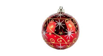 A shiny red Christmas bauble decorated with an intricate pattern of gold and silver glitter stars and swirls, creating a festive and elegant holiday decoration