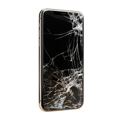 Damaged smartphone with shattered screen, isolated on black background