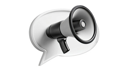 A 3D rendered graphic, an announcement concept with a megaphone in a speech bubble