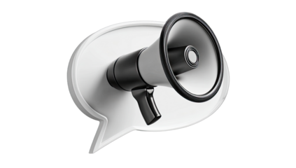 A 3D rendered graphic, an announcement concept with a megaphone in a speech bubble