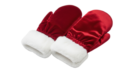 A pair of shiny red satin mittens with fluffy white faux fur cuffs, a classic winter accessory for a festive holiday costume, are seen from an angled overhead view