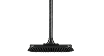 A modern black push broom with a long textured handle and stiff plastic bristles for heavy-duty sweeping, shown from a direct frontal perspective in a clean studio setting