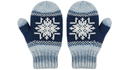 A cozy pair of dark blue and white knitted woolen mittens featuring a traditional Scandinavian snowflake ornament and ribbed cuffs, viewed from a top-down perspective