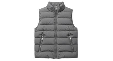 A stylish gray sleeveless puffer vest with a high stand-up collar and silver zippers, a versatile piece of casual outerwear for cold weather and seasonal fashion