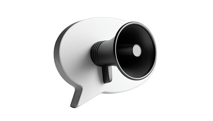 3D rendered megaphone icon, protruding from a white chat bubble, on a black background