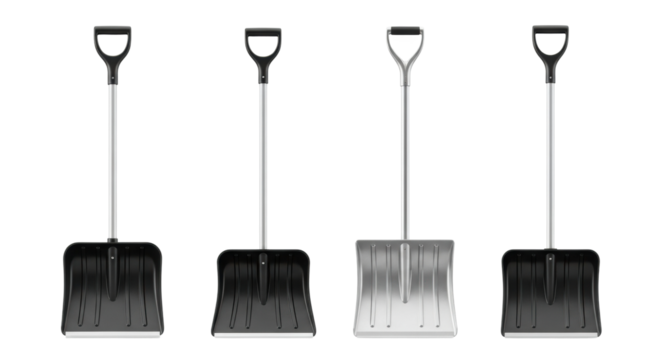 An assortment of four snow shovels, including three black plastic and one silver metal model, standing in an organized row to showcase essential winter cleanup equipment