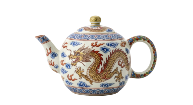 A beautiful ceramic teapot decorated with a mythical golden dragon, blue clouds, and colorful geometric patterns in a traditional East Asian artistic style
