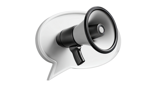 A 3D rendered graphic, an announcement concept with a megaphone in a speech bubble