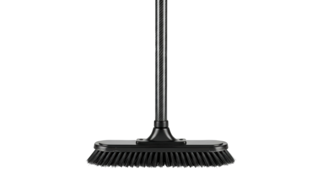 A modern black push broom with a long textured handle and stiff plastic bristles for heavy-duty sweeping, shown from a direct frontal perspective in a clean studio setting