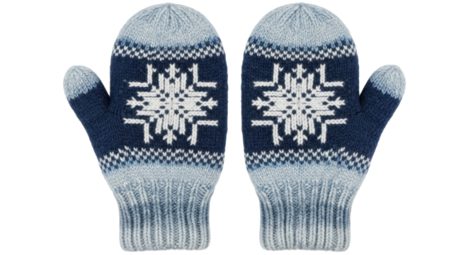 A cozy pair of dark blue and white knitted woolen mittens featuring a traditional Scandinavian snowflake ornament and ribbed cuffs, viewed from a top-down perspective