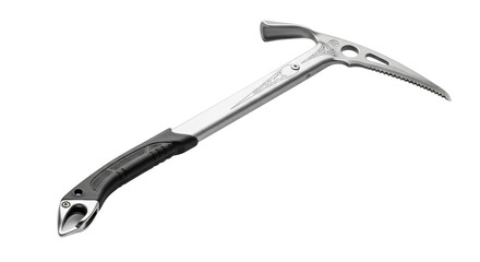 A modern ice climbing axe with a sharp toothed pick, metal adze, and an ergonomic handle, a crucial piece of equipment for mountaineering and alpinism adventures