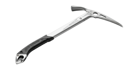A modern ice climbing axe with a sharp toothed pick, metal adze, and an ergonomic handle, a crucial piece of equipment for mountaineering and alpinism adventures