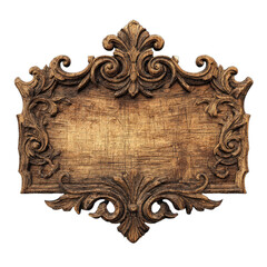 Ornate, weathered wooden sign with decorative scrollwork border