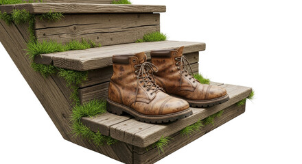 A pair of old, worn brown leather work boots rest on weathered wooden steps with vibrant green grass growing through the cracks, evoking a rustic outdoor feeling