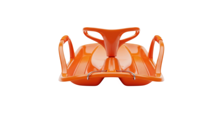 A bright orange plastic snow bobsled with a steering wheel and two handbrakes, designed for winter fun and outdoor recreation, shown from a direct front view