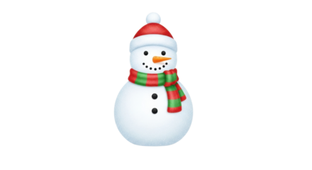 A festive digital illustration of a classic snowman character with a carrot nose, coal smile, and buttons, wearing a cozy striped scarf and a red winter hat with a pompom