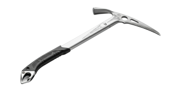 A modern ice climbing axe with a sharp toothed pick, metal adze, and an ergonomic handle, a crucial piece of equipment for mountaineering and alpinism adventures
