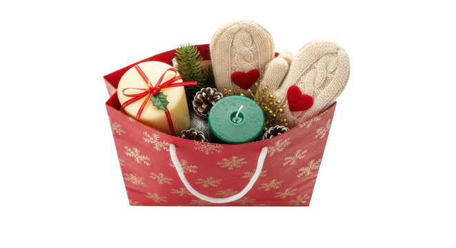 A red holiday gift bag with a snowflake pattern is filled with cozy knitted mittens, festive candles, pinecones, and seasonal decorations for a winter celebration - Powered by Adobe