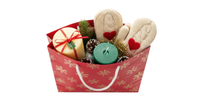 A red holiday gift bag with a snowflake pattern is filled with cozy knitted mittens, festive candles, pinecones, and seasonal decorations for a winter celebration