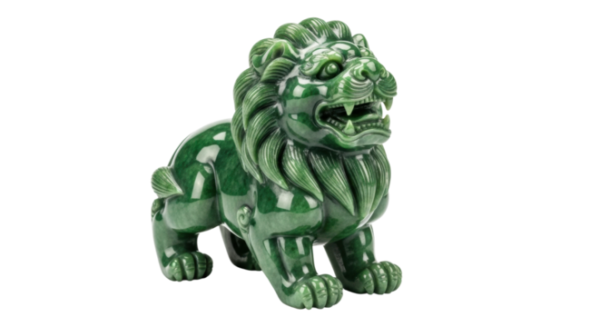 A traditional Asian guardian lion statue carved from beautiful green jade stone with a fierce roaring expression and intricate details on its mane and paws