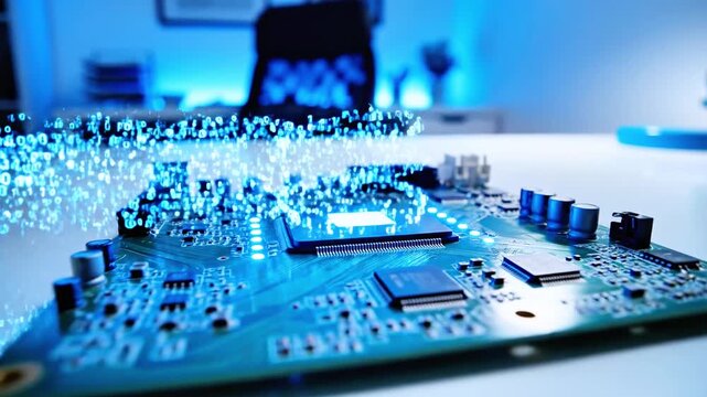 A glowing computer motherboard with digital data streams in a blue futuristic scene